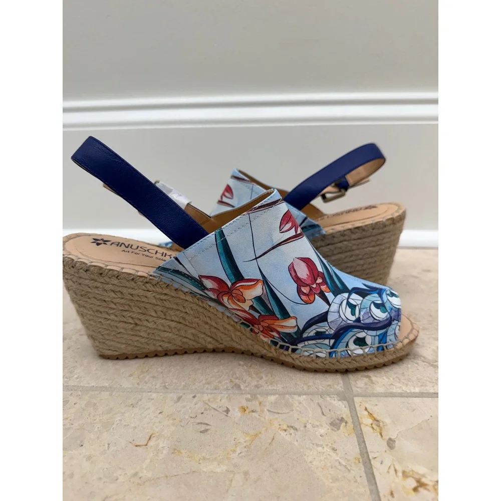 Anuschka Maya Printed Leather Espadrille Wedge Sandals Peacock Blue 9